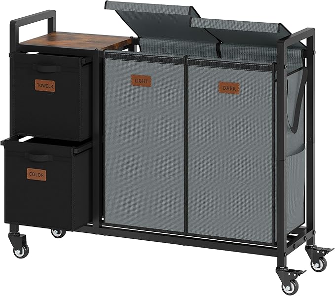 Hoctieon 4 Section Laundry Cart, 48 Gal. (182L) Laundry Hamper with Lid, Laundry Basket with Wheels, Rolling Laundry Sorter Organizer with Shelf, Clothes Separator with Removable Bags, Black+Gray