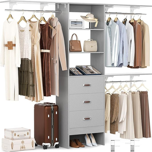 Besiost Closet System with Drawer - 8FT Wood Closet Organizer System with 3 Hanging Rods and Shelving Tower, 96" Walk In Closet Organizer Wardrobe, Heavy Duty Garment Rack Clothes Rack, Grey
