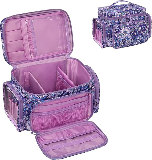 Bagmoly Large Makeup Bag, Portable Travel Makeup Bag Organizer for Women Girls with Makeup Brush Compartment & Two Side Pockets, Cosmetic Travel Bag Vertical Storage Toiletry - Purple