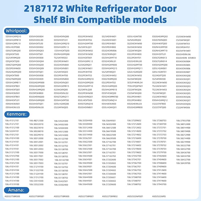2187172 Door Shelf Bin for Whirlpool Kenmore Amana Frigidaire Fridges Roper Estate Replace WP2187172, AP6006028, 2187194K, PS11739091 AP3853103, AP3853103, PS328468, PS986890, 3046299（2 Pack）