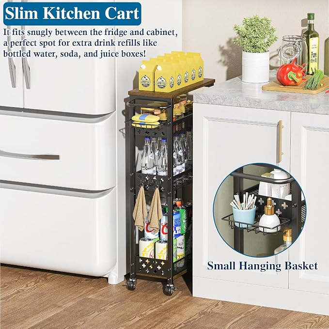 OKZEST Rolling Slim Storage Cart, 4-Tier Narrow Bathroom Organizers and Storage Cart, Metal Narrow Kitchen Laundry Room Organization Shelf with Wood Top, Slim Utility Cart with Wheels for Small Space
