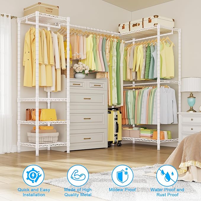 ULIFHOME E10L L-Shaped Clothes Rack for Corner（With Expandable Hanger Rod）Heavy Duty Freestanding Clothing Racks for Hanging Clothes，Portable Garment Rack 58-82"W x 30"D x 72"H，Max Load 900LBS, White