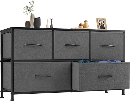 OLIXIS Dresser for Bedroom with 5 Drawers, Wide Chest of Drawers, Fabric Bedroom Dresser with Drawer Organizers, Storage Organizer Unit with Fabric Bins for Closet, Living Room, Hallway