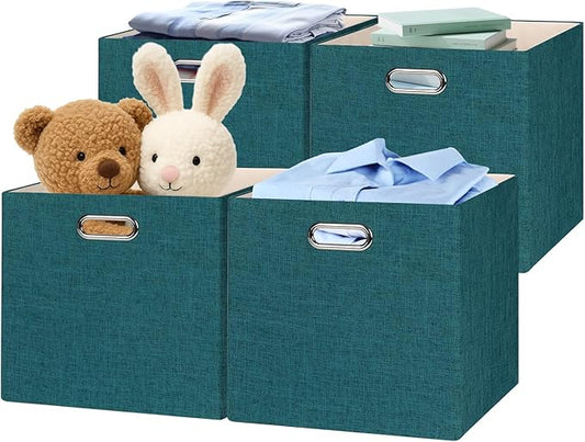Posprica Collapsible Storage Bins,13×13 Foldable Storage Cube Boxes Fabric Drawer Fabric Storage Bins Vinyl Record Cubby Cubes with Handles for Bookcase, Closet, Shelf, Cabinet , 4 Pack