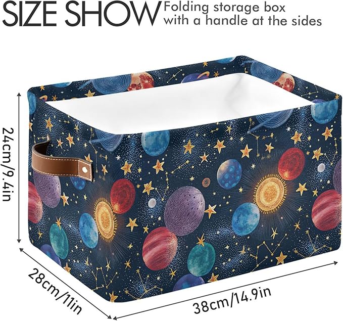xigua Cartoon Planets Storage Basket Collapsible Storage Bins Waterproof Canvas Storage Basket with Leather Handles for Home Closets Offices,Bedrooms,Gift Baskets,2PCS
