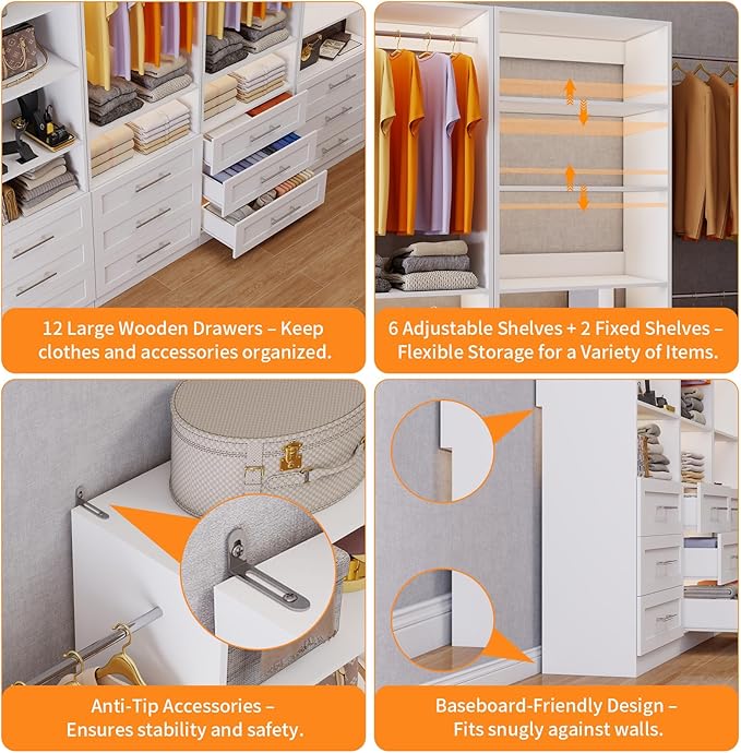 Closet System with 12 Wooden Drawers, 10 Shelves & 6 Hanging Rods, 8–21 ft Adjustable Closet Organizer System, 2800 lbs+ Walk-In Closet System, Modular Custom Closet Kit, White(Set of 4)