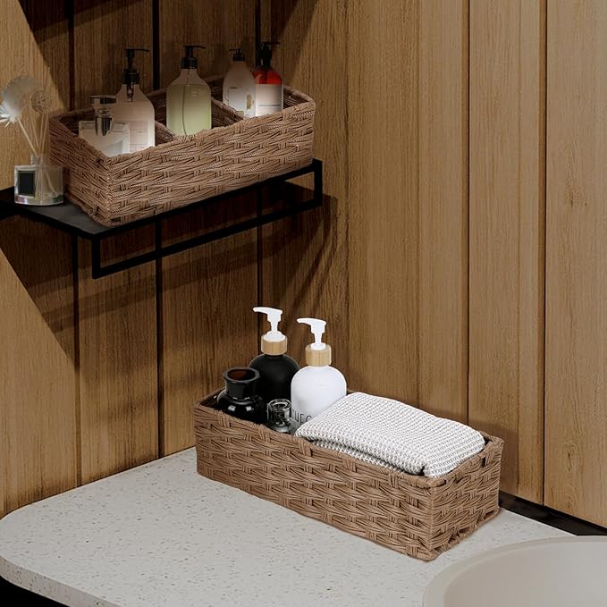 DULLEMELO Small Basket for Bathroom, Wicker Toilet Tank Basket, Bathroom Back of Toilet Organizer, Set of 2 Waterproof Baskets for Organizing, Brown