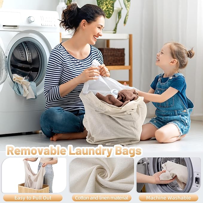 Aliphon 72L Slim Laundry Hamper with Lid, Foldable Bamboo Clothes Laundry Basket with Handles, Removable and Machine Washable Liner, for Bedroom, Bathroom, Dorm, Natural Beige