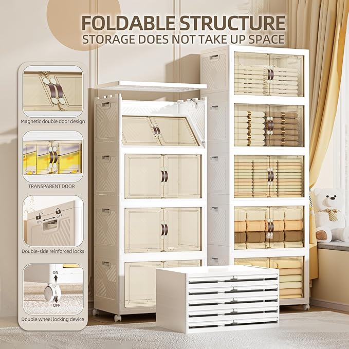 424 QT / 106 Gal Heavy Duty Double Door Storage Cabinet - Magnetic Closure, Foldable Stackable Design with Wheels & Leather Handles, Plastic Organizer for Garage/Bedroom