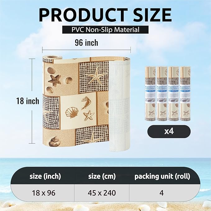 FIFTY FEET 18X96 Inch Shelf Liner for Kitchen Cabinets, PVC Drawer Liner for Dresser Non-Slip Bathroom, Non-Adhesive Cabinet Liner Washable (Beach)(4 Roll)