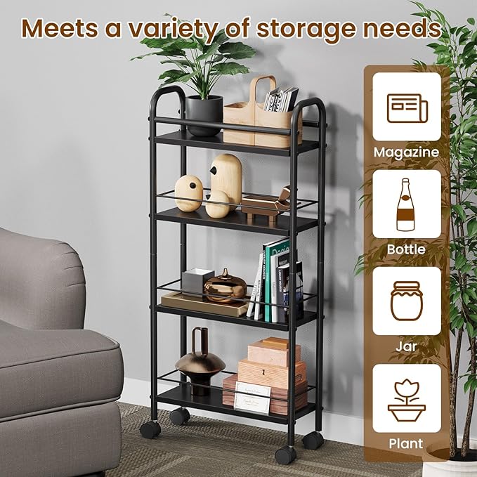 Asgolion Slim Storage Cart, 4-Tier Small Rolling Cart with Wheels, 5.9" Deep, Narrow Bathroom Shelf Trolley for Kitchen, Bathroom, Laundry Room, Black Standard 4-Tier (5.9" W x 33.6" H)