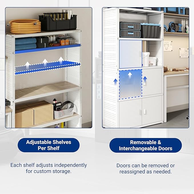 FLEXIMOUNTS Garage Storage Cabinet System, 3-in-1 Modular Metal Tool Cabinet w/ Workbench and Particle Board Shelf Includes Pegboard, 24-Gauge Steel, 129"(L) w/ 2 Doors, White, FLEXIMOD Series