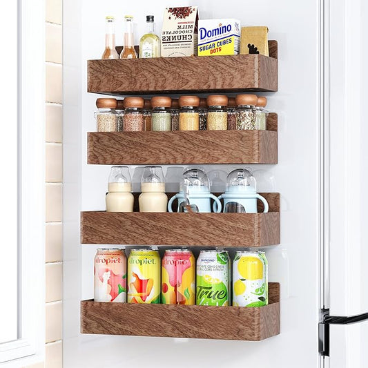 Mystozer Magnetic Spice Rack for Refrigerator, Kitchen Organizer and Storage Shelf, Wood Red (4 Pack)…