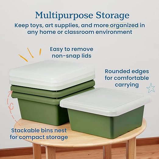 ECR4Kids Stackable Square Bins with Non-Snap Lids, Multipurpose Organization, Hunter Green, 4-Pack