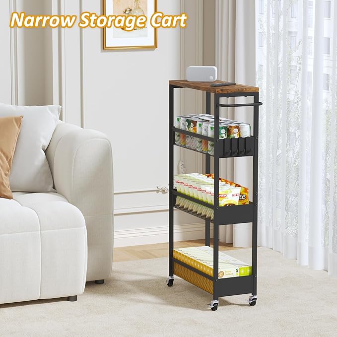 Vincona Slim Rolling Utility Cart, 4 Tier Metal Narrow Storage Cart with Handle and Wood Top, Multifunctional Small Mobile Shelf Unit Organizer Trolley for Laundry, Bathroom, Kitchen