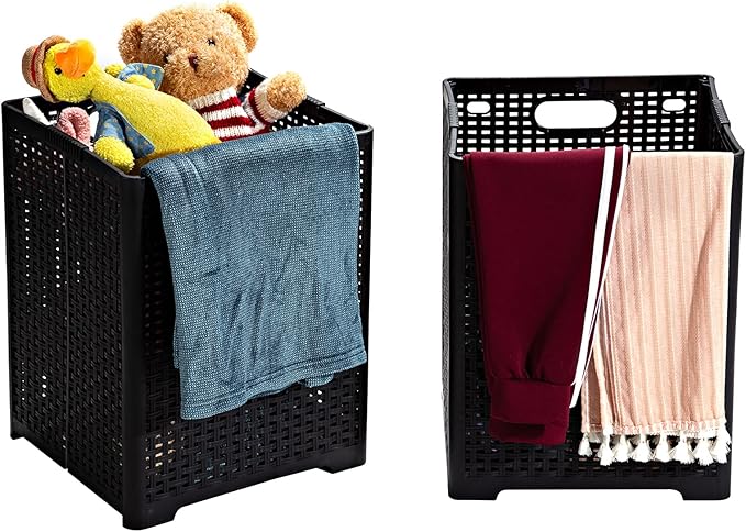 Eslite 42L Collapsible Plastic Laundry Baskets,Foldable Laundry Hamper,Pack of 2 (Black)