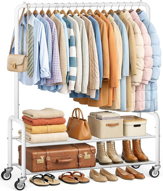AOODA Heavy Duty Clothes Rack with Shelves, 46.5'' Metal Rolling Clothing Racks for Hanging Clothes, Wardrobe Garment Rack with Lockable Wheels for Coats, Shirts, Shoe Boxes (White)