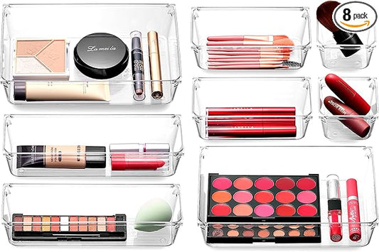 Masirs Clear Drawer Organizer - Easily Organize and Customize the Layout of Drawers. Great for Office Desk, Utensils, Cosmetics and Makeup. (8-Piece Set)