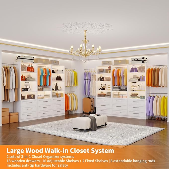 Closet System with 3 Sets, 6–16 FT Closet System with 9 Drawers, 9 Shelves & 4 Adjustable Hanging Rods, Max 189.3" Closet Organizer Systems for Walk-in Closets, Modular Custom Closet Tower, White