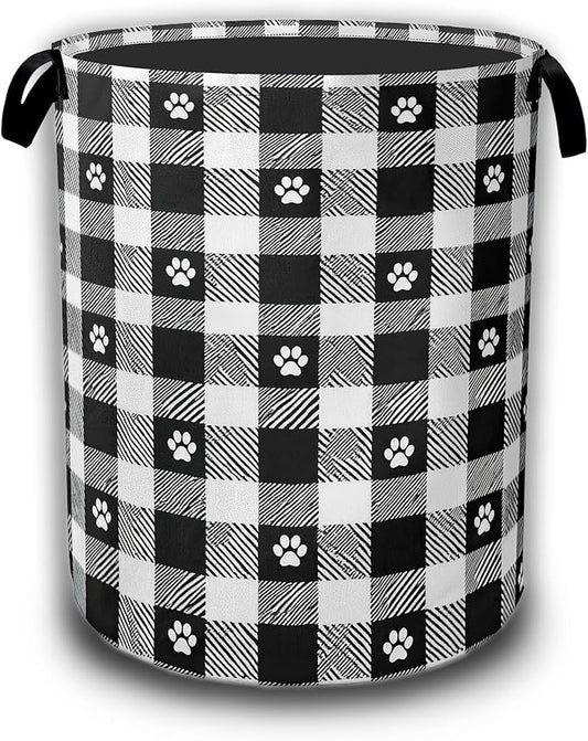 Black White Plaid Laundry Basket,Waterproof Foldable Cat Paws Laundry Hamper,Dirty Clothes Basket, Linen Bin Storage Organizer Collection 16" x 20.8"