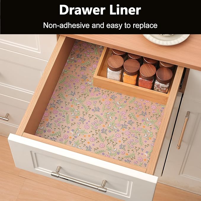 INNOLITES Shelf Liners for Kitchen Cabinets Non-Adhesive Drawer Liner with Floral, Waterproof Durable Easy to Clean, for Refrigerator, Shelves (Pink Purple Rose, 11.8" x 120")