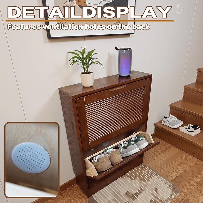 Solid Shoe Storage Cabinet with 2 Flip Drawers, Narrow Wood Shoe Organizer Cabinet with Fluted Panel, Slim Shoe Rack for Entryway, Freestanding Shoe Cabinet for Entryway Hallway Foyer，Walnut