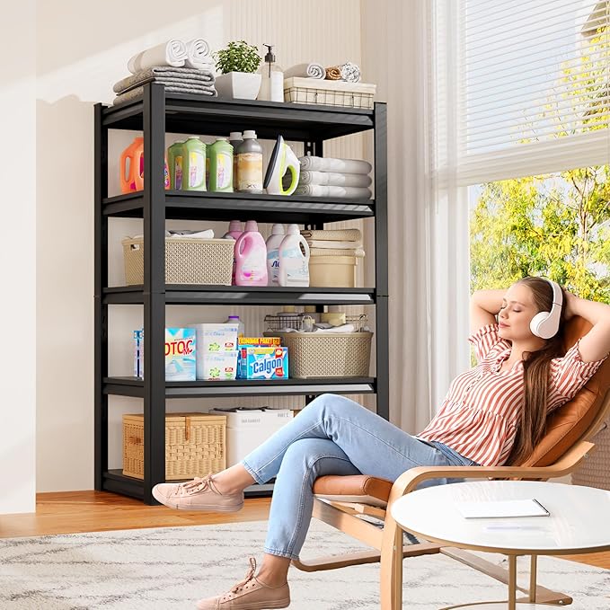 Set of 3 Garage Shelving 5-Tier Heavy Duty Storage Shelves, Adjustable Metal Shelving Unit, Utility Garage Organizer Shelf for Basement, Pantry, Kitchen, Warehouse,15.7" Dx35.4 Wx71.2 H, Black