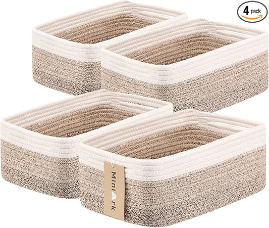 MiniArk Small Storage Baskets for Organizing | Closet Organizer Bins | Shelf Toy Basket | Woven Rope Baskets | Cube Decorative Box | Shallow Basket | 13x8.5x5.1” | 4 Packs Gradient Brown
