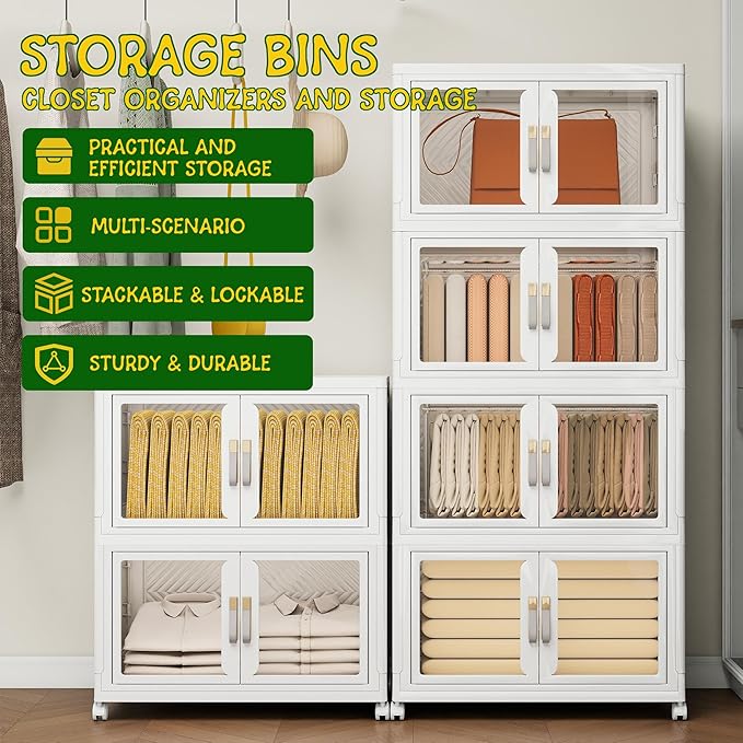UAMFURI Stackable Storage Bins with Doors & Lids & Wheels, Foldable Collapsible Closet Organizers, Large Storage Cabinet for Bedroom Dorm (6, L)