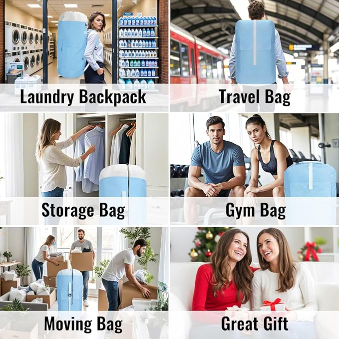 Laundry Backpack Bag 125L Extra Large, Heavy Duty for College Dorm & Apartment, Durable Thick Material Laundry Hamper with Padded Straps for Easy Carry, 3 Pockets for Travel & Laundromat (Light Blue)