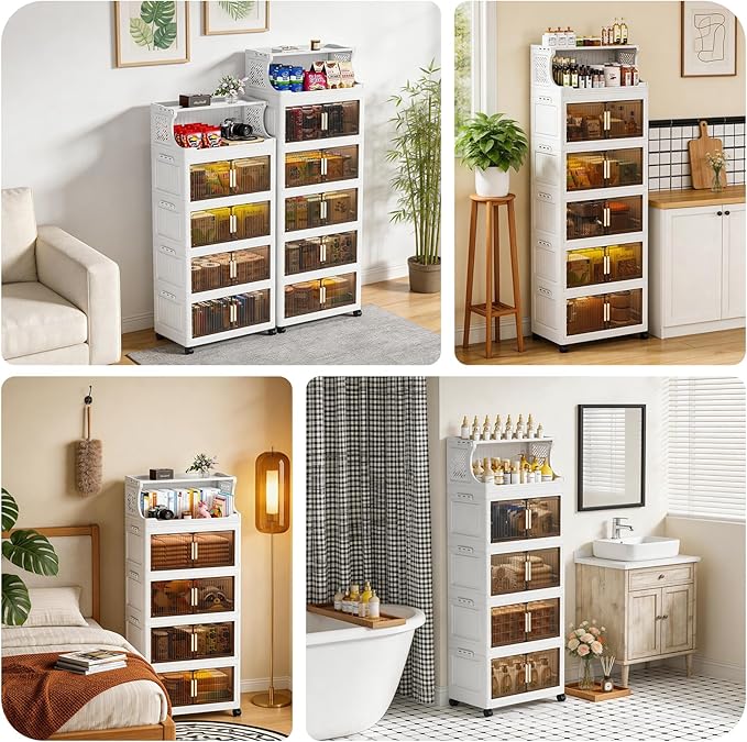 5 Tier Plastic Storage Bins with Top Open Shelf, Folding Storage Box with Doors and Wheels, Stackable Closet Organizers for Living Room, Office, Dorm