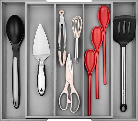 Purawood Kitchen Drawer Organizer - Expandable Utensil Drawer Organizer for Kitchen, Cutlery Tray & Silverware Organizer, 3-5 Slots - Bamboo Organizer for Utensils & Flatware (Grey)