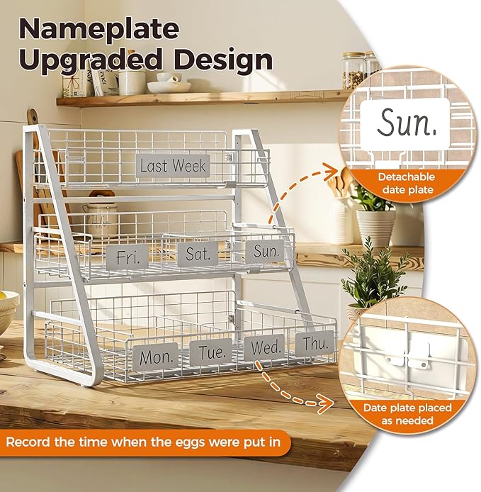 Sevenblue Upgraded Egg Holder Countertop with Removable 5 Dividers & Date Plate, 3 Tier Pull Out Large Egg Basket for Gathering Fresh Eggs, Kitchen Organizer, The Size - 16.7“x16.6”x11.3