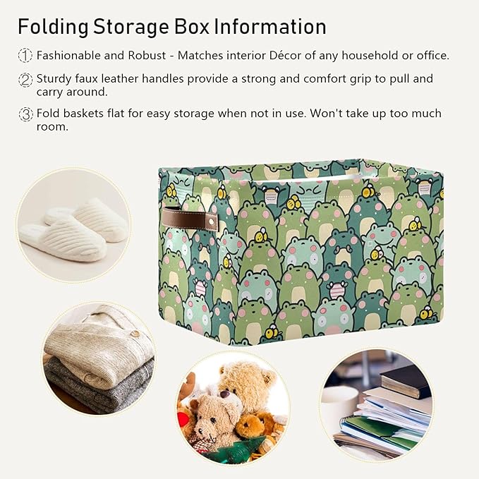 xigua Kawaii Frogs Storage Basket Collapsible Storage Bins Waterproof Canvas Storage Basket with Leather Handles for Home Closets Offices,Bedrooms,Gift Baskets,1PCS