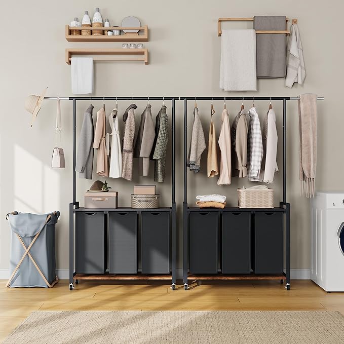 3-Section Laundry Sorter with Shelf, Rolling Laundry Basket with Hanging Rack and Wheels, Heavy Duty Laundry Hamper Rack for Laundry Room, Bedroom, Bathroom, Black