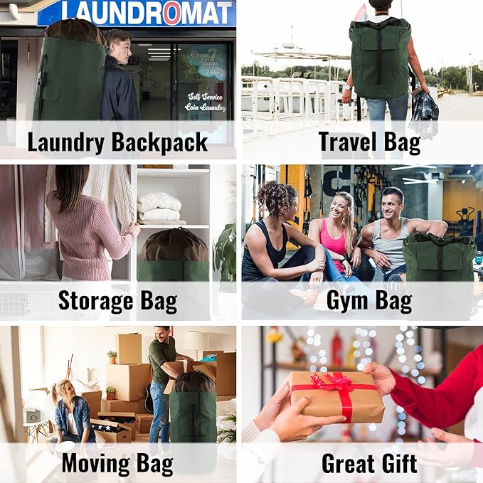 Laundry Backpack Bag 125L Extra Large, Heavy Duty for College Dorm & Apartment, Durable Thick Material Laundry Hamper with Padded Straps for Easy Carry, 3 Pockets for Travel & Laundromat (Army Green)