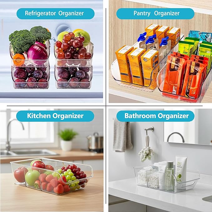 2 Pack Pantry Organizers,Clear Plastic Containers with 2 Dividers for Kitchen,Fridge,Drawer Organization and Storage,Acrylic organizer Bins for Tea Bag,Spice Packet,Snack