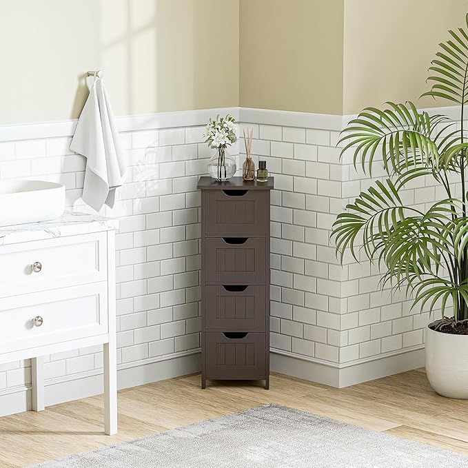 SUPER DEAL Small Bathroom Storage Cabinet with 4 Drawers, Freestanding Narrow Wooden Side Storage Organizer for Bathroom Hallway Living Room, Brown