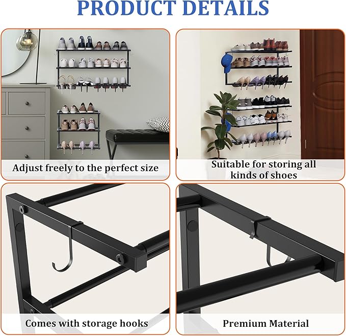 Wall Mounted Shoe Rack, 3 Tier Hanging Shoe Rack Holds 12 Pairs, 17"-30" Adjustable Heavy Duty Metal Shoe Organizer Holder with 2 Storage Hooks, Space Saving for Closet Entryway Doorway（Black