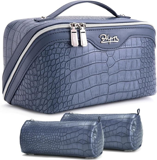 BOYATU Travel Makeup Bag Cosmetic Bags for Women: 3 Pcs Set Large Capacity Make up Bag with Handle - Crocodile Pattern Vegan Leather Toiletry Bags Travel Essentials with Compartments(E-3-Blue)