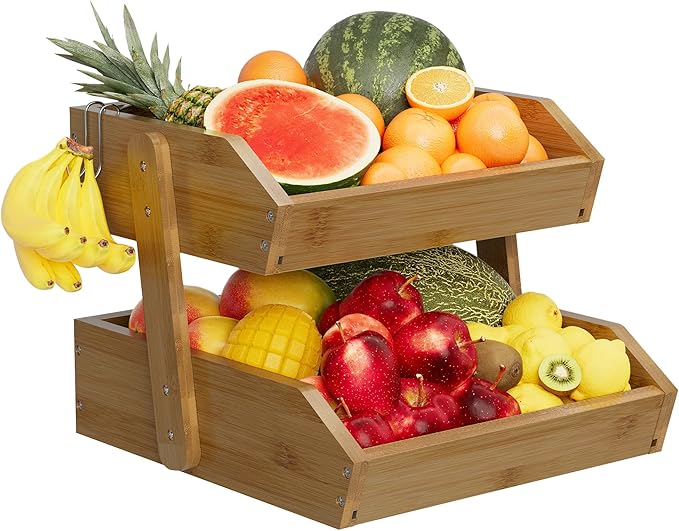 2 Tier Fruit Basket for Kitchen Counter, Large Capacity Fruit Storage Countertop, Fruit Holder, Wooden Pantry Organizers and Storage, Kitchen Countertop Organizer With 2 Banana Hangers (Walnut)