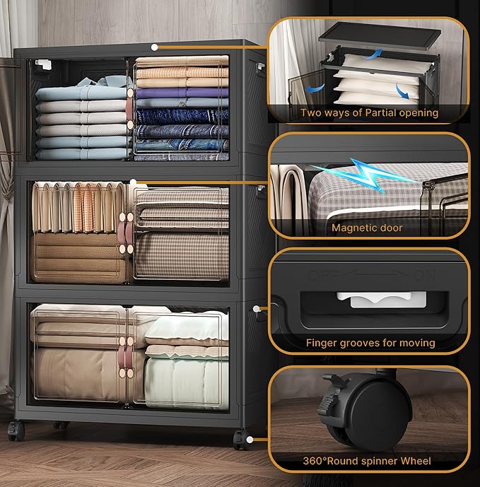 UAMFURI Extra Large Stackable Storage Bins with Lids & Wheels, 504QT-168QT/42GAL*3Pack Foldable Collapsible Closet Organizers Storage Cabinet with Doors for Bedroom Dorm