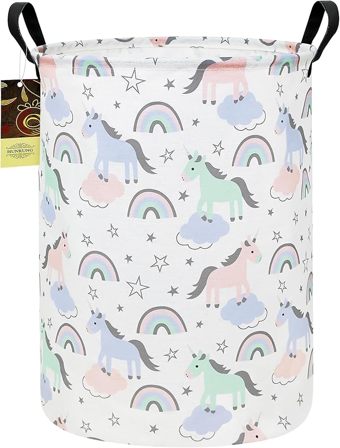 HUNRUNG Collapsible Fabric Storage Basket, Waterproof Laundry Hamper with Handles, Round Storage Bin for Clothes Toys, Foldable Organizer for Bedroom Nursery Bathroom(Round-Star Unicorn)