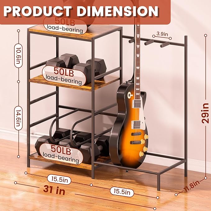 Guitar Stand for Acoustic Multiple Guitars Holder with 3-tier Storage Shelf, Guitars Display Rack Guitar Amp Accessories with Soft-Padded Protect