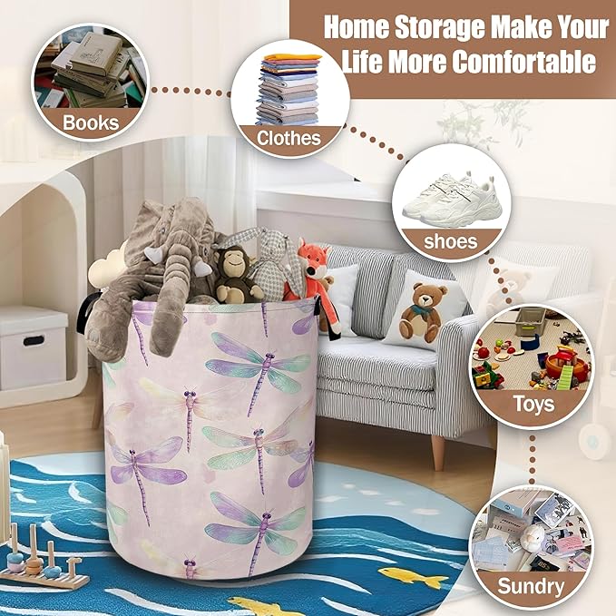 Watercolor Laundry Hamper,Purple Green Dragonfly Collapsible Laundry Baskets Waterproof Oxford Cloth With Handles,Clothes Storage Bucket Toy Organizer For Bathroom/Nursery/Bedroom 16" x 20.8"