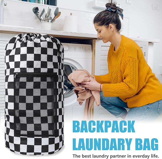 Laundry Bag Backpack, Extra Large Travel Laundry Bag with Mesh Pocket & Adjustable Shoulder Straps,Dirty Clothes Travel Bag for College Students Dorm,Apartment(Positive Square)