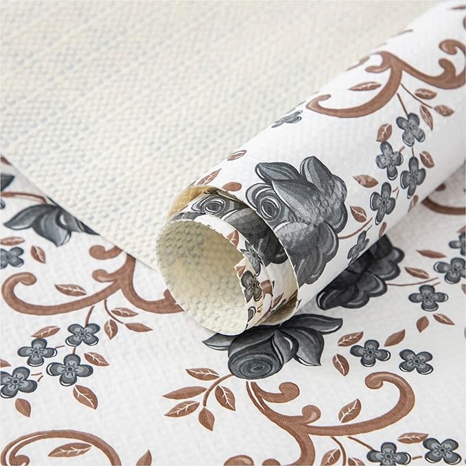 FIFTY FEET 12X120 Inch Shelf Liner for Kitchen Cabinets, PVC Drawer Liner for Dresser Non-Slip Bathroom, Non-Adhesive Cabinet Liner Washable (Black Floral)(5 Roll)