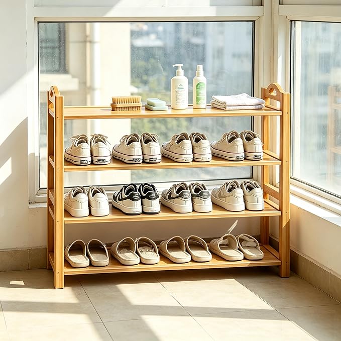 4-Tier Shoe Rack Bamboo Shoe Organizer Free Standing Shoe Storage for Entryway, Closet, Hallway, Bathroom and Living Room, Natural