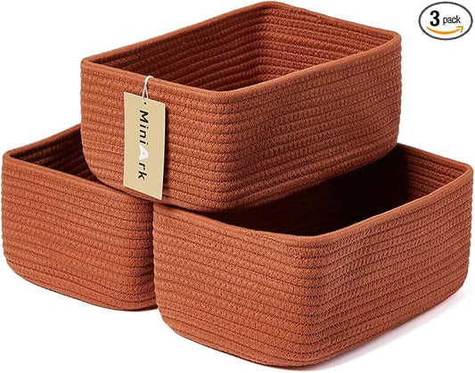 MiniArk Small Storage Baskets for Organizing | Closet Organizer Bins | Shelf Toy Basket | Woven Rope Baskets | Cube Decorative Box | Shallow Basket | 11.5x7.5x4.7” | 3 Packs Oxide Red