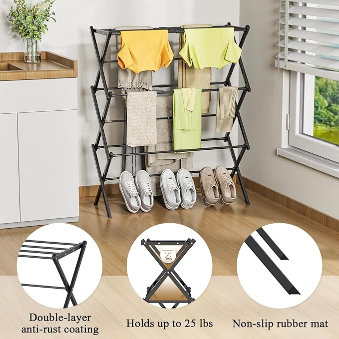 STARLATTA Drying Rack Clothing, 3-Tier Clothes Drying Rack Foldable Use for Indoor & Outdoor Antirust Laundry Drying Rack Collapsible Black 28" L x 35" H x 10" W